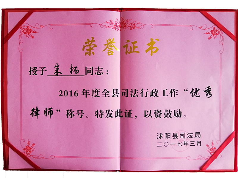 江苏瀛扬所朱扬律师荣获“2016年优秀律师”荣誉称号